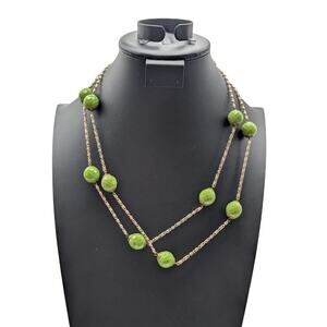 Vintage Gold Tone 46" Long Strand Chain Spring Green Czech Glass Bead Necklace